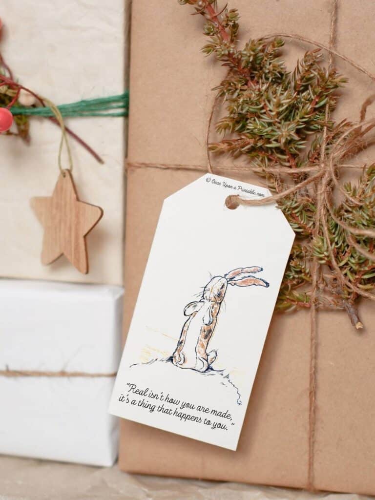 The Velveteen Rabbit gift tag on a brown paper wrapped package tied with twine and a spring of evergreen.
