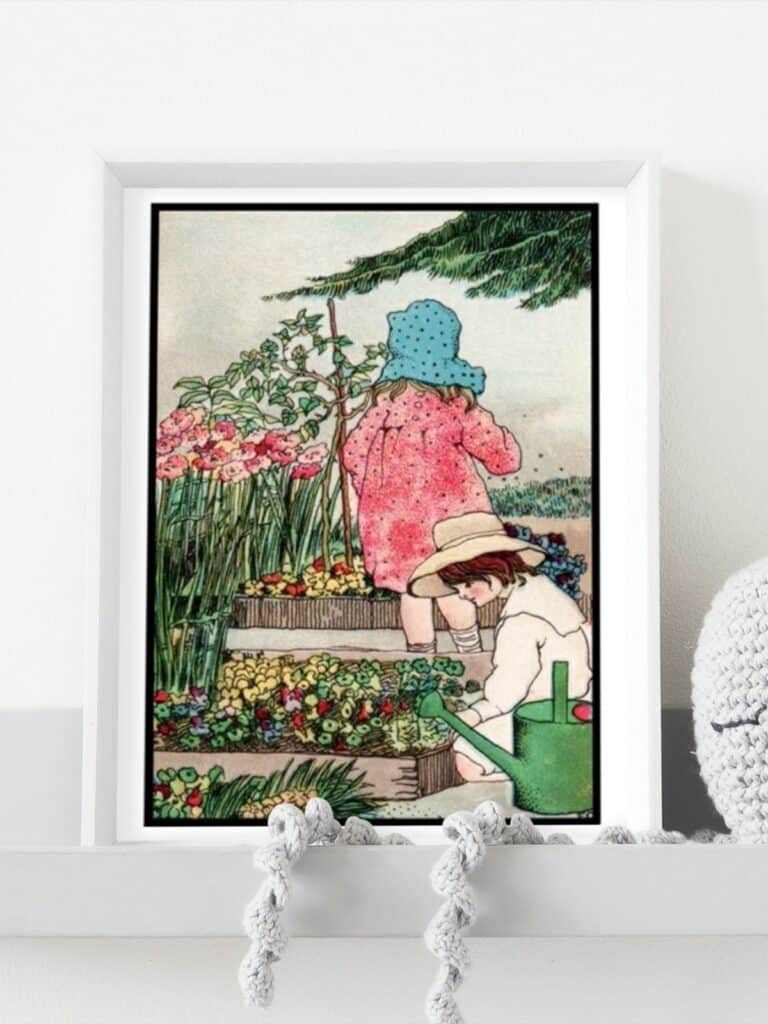 Things in our garden illustration of two children playing in a garden framed and displayed on a shelf in a children's room.