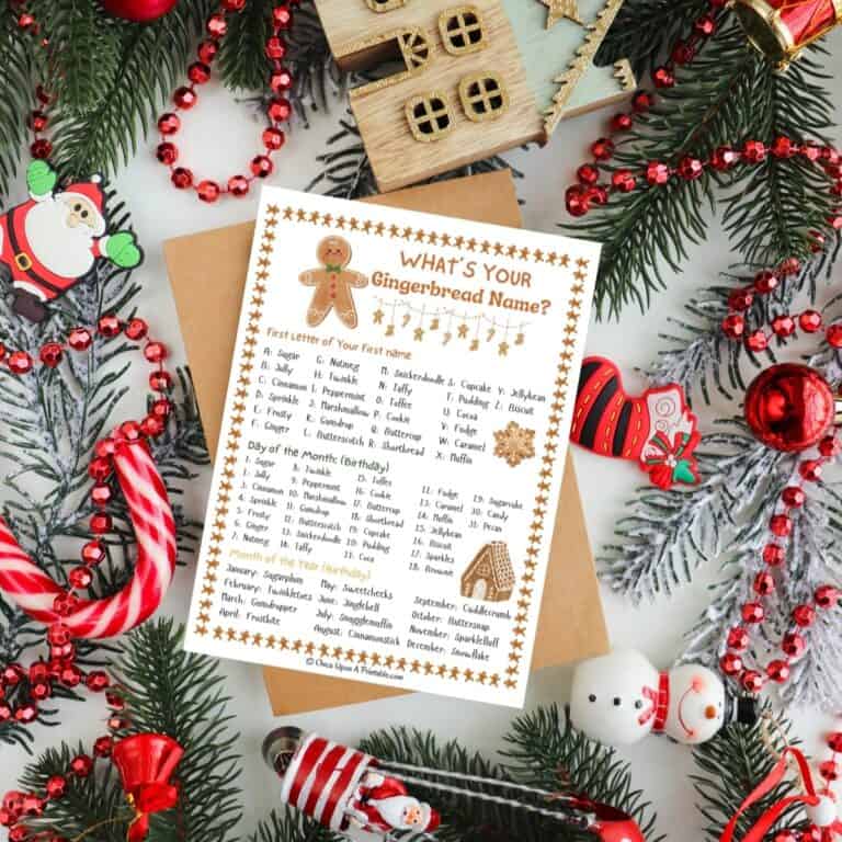 A printable of "What's your gingerbread name" game sitting among evergreen, candy canes, and christmas tree ornaments.