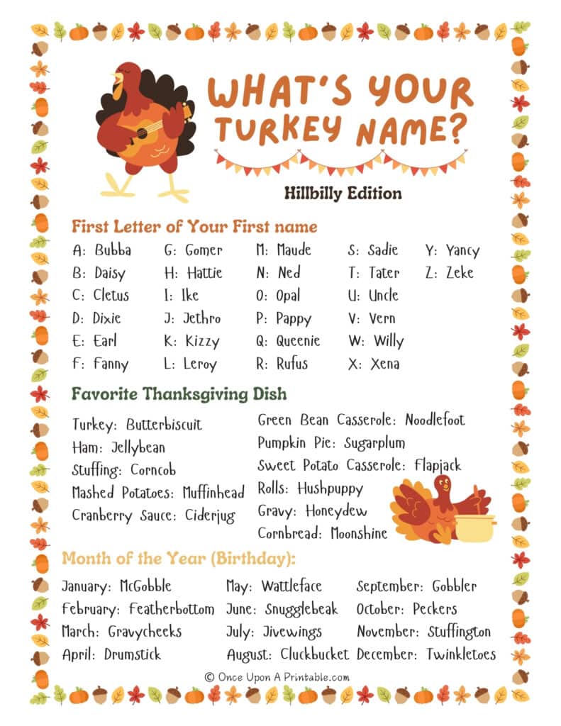 What's your turkey name? game printables with fun bright turkey graphics.