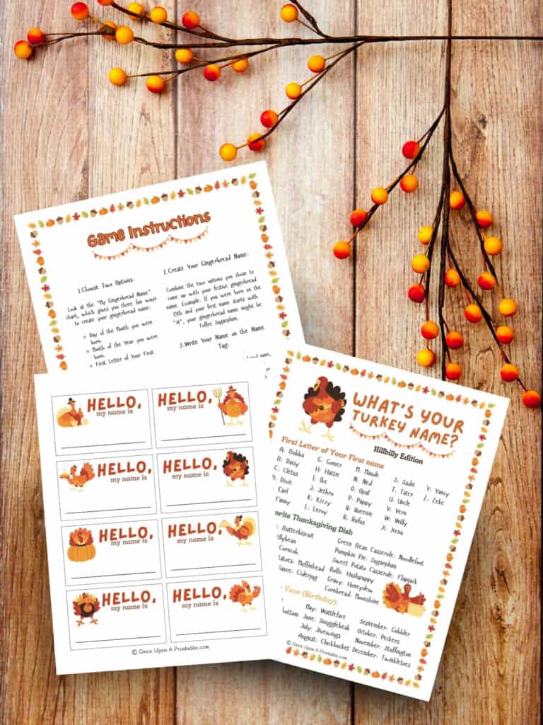 what's your turkey name game printables on a wooden table with two berry sprigs.