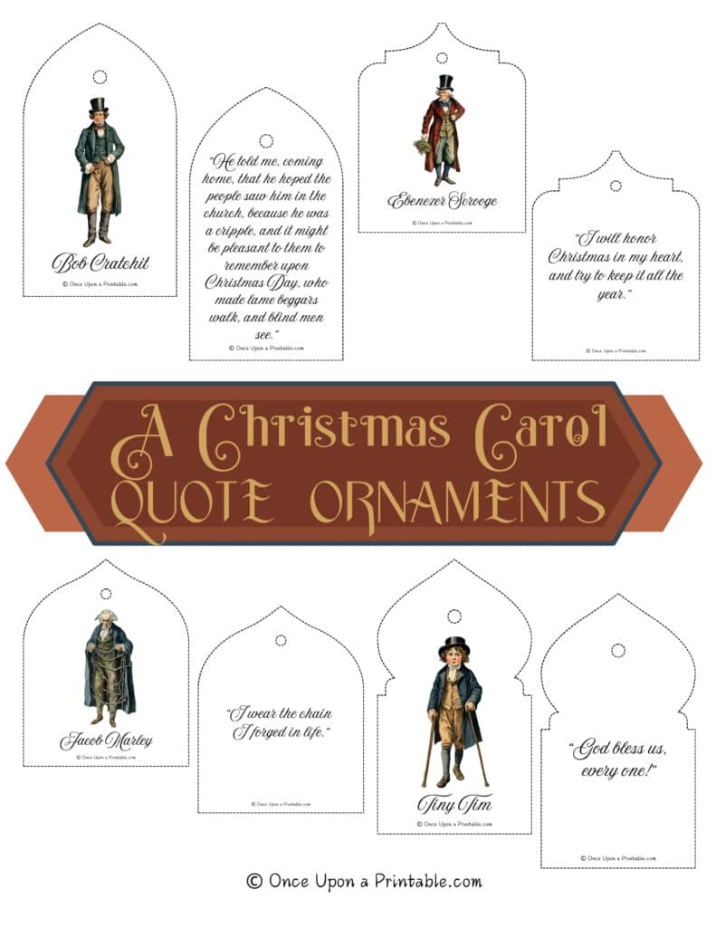 A Christmas Carol Christmas tree ornaments with quotes and watercolor graphics.