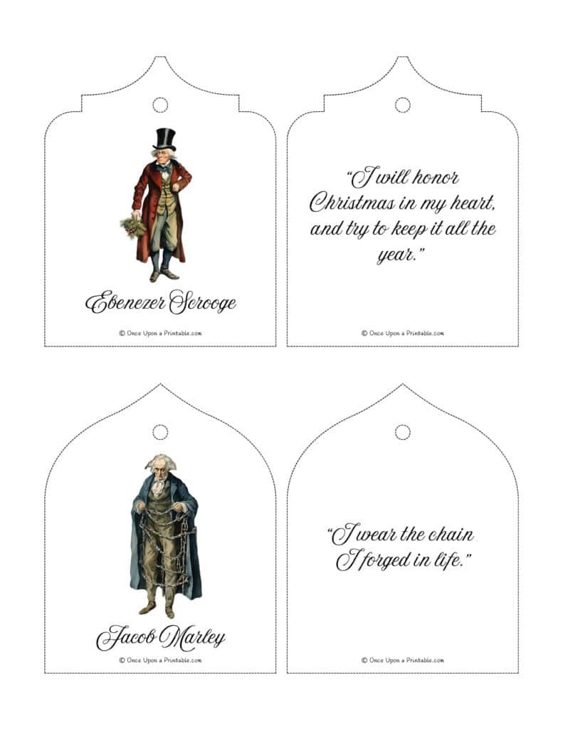 A Christmas Carol Christmas tree ornaments with quotes and watercolor graphics.