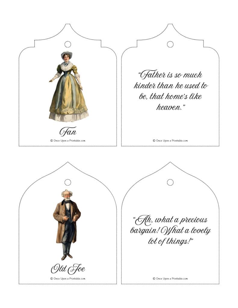 A Christmas Carol Christmas tree ornaments with quotes and watercolor graphics.