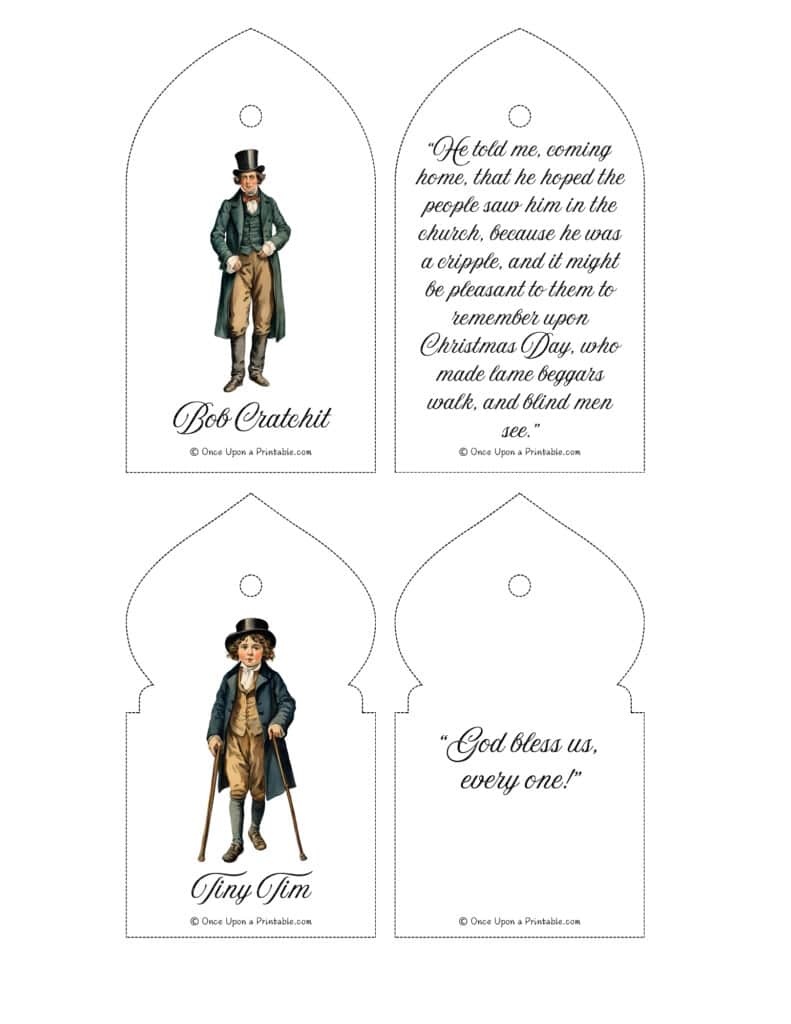A Christmas Carol Christmas tree ornaments with quotes and watercolor graphics.