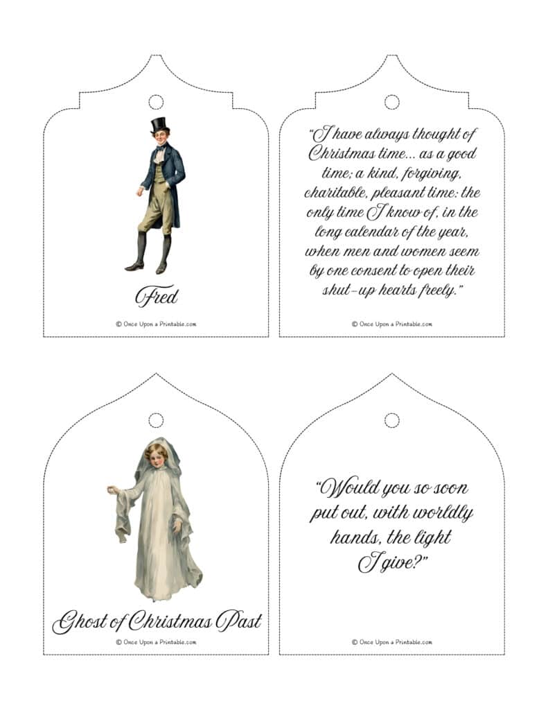 A Christmas Carol Christmas tree ornaments with quotes and watercolor graphics.