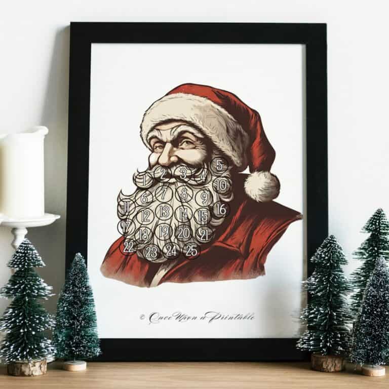 Old fashioned santa beard christmas countdown framed and displayed by bottle brush trees.