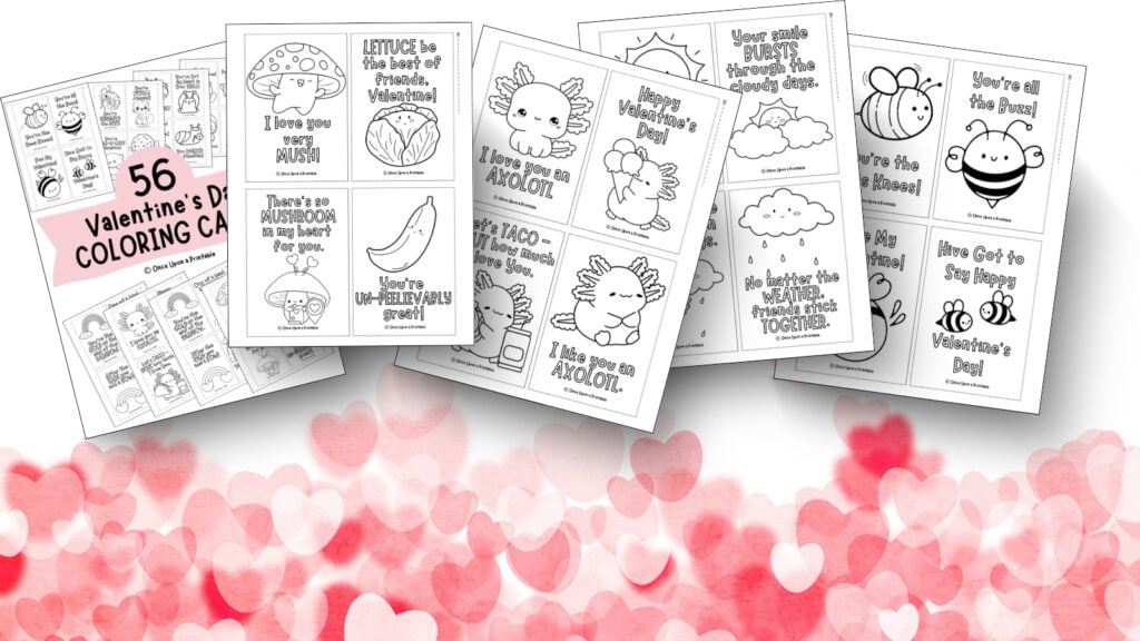A Collection of adorable cartoon graphics for kids valentine's day coloring cards laying on a background with pink hearts.