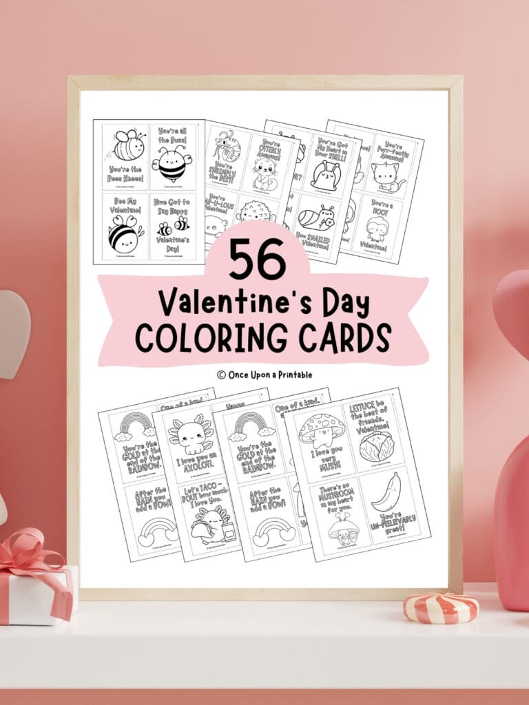 The cover page for the 56 coloring cards for Valentine's day with fun graphics for kids.