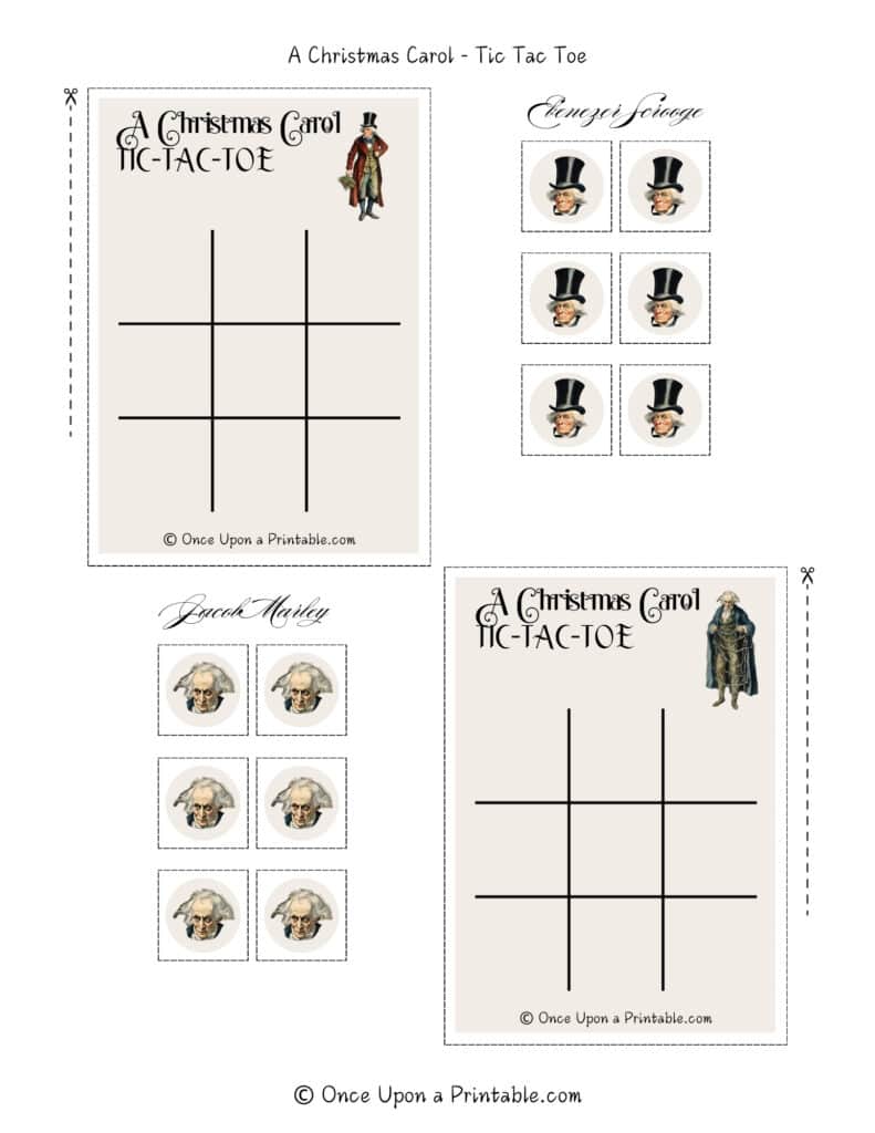A Christmas Carol illustrated tic tac toe cards with character tokens.