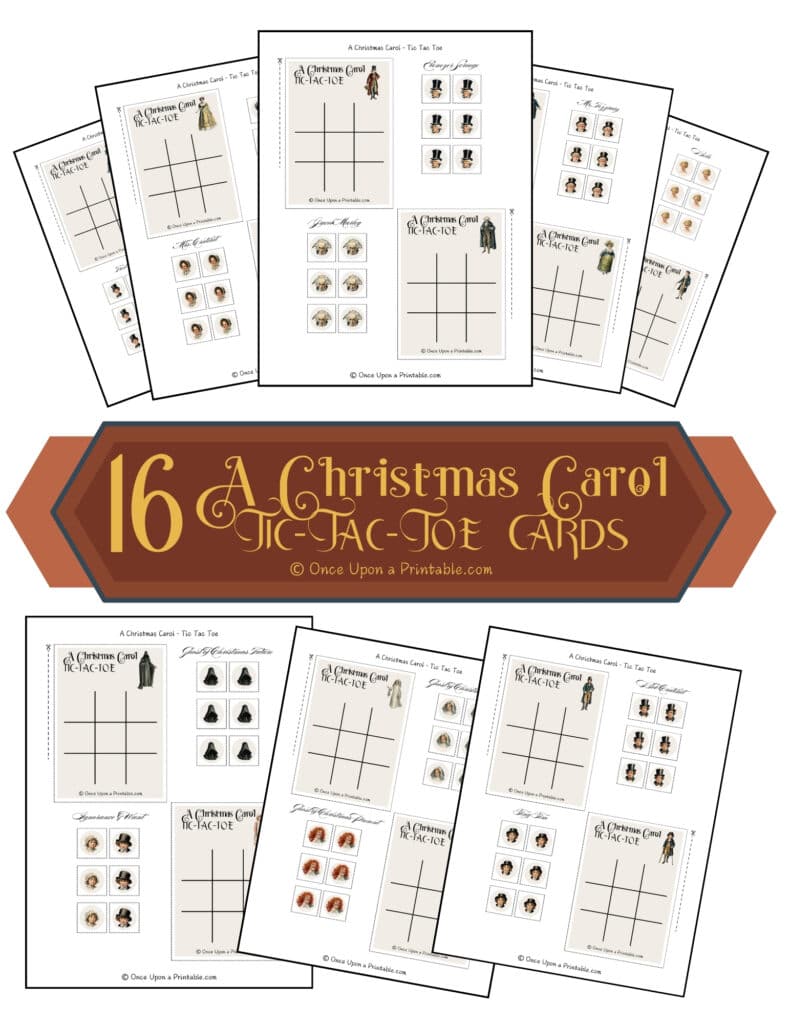 A Christmas Carol illustrated tic tac toe cards with character tokens.