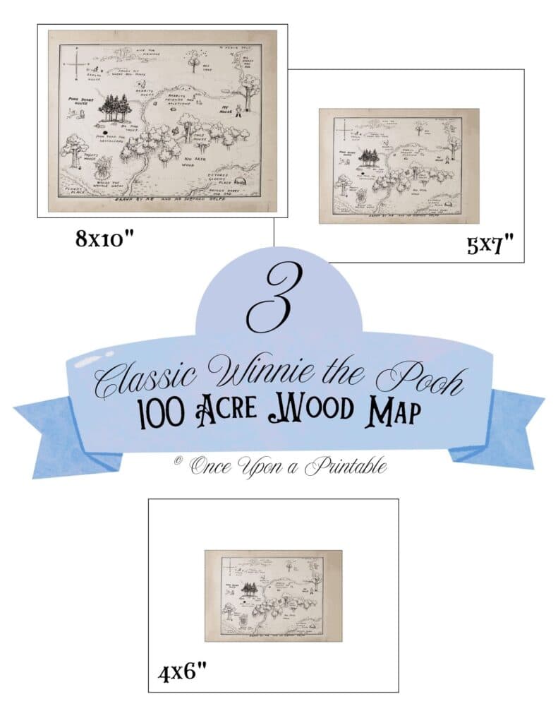 Three sizes of original edited Classic hundred acre wood map from Winnie the Pooh by E. H. Shepard and A. A. Milne.
