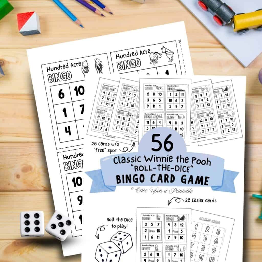 Hundred Acre Bingo, classic winnie the pooh bingo game printable with cover page. Laying on a wooden table with coloring supplies like pencils.