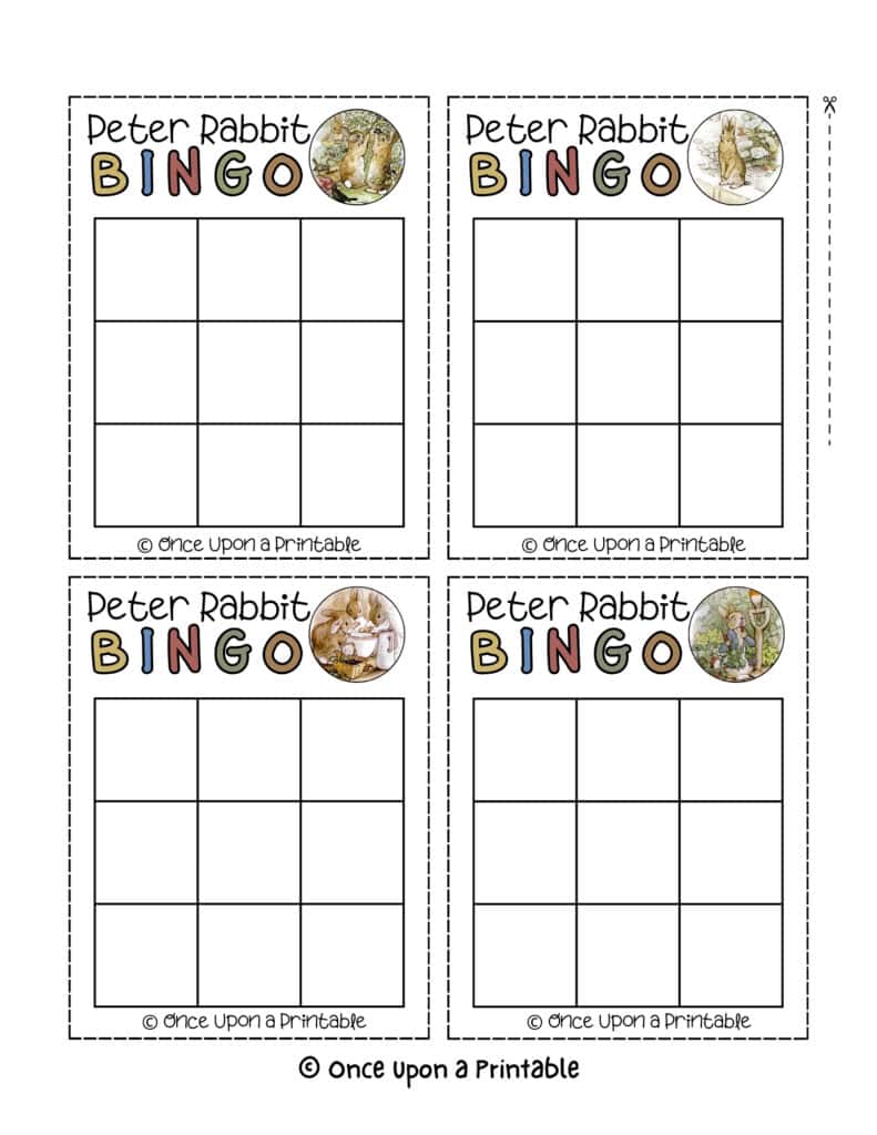 Blank Peter Rabbit bingo card templates for customization.