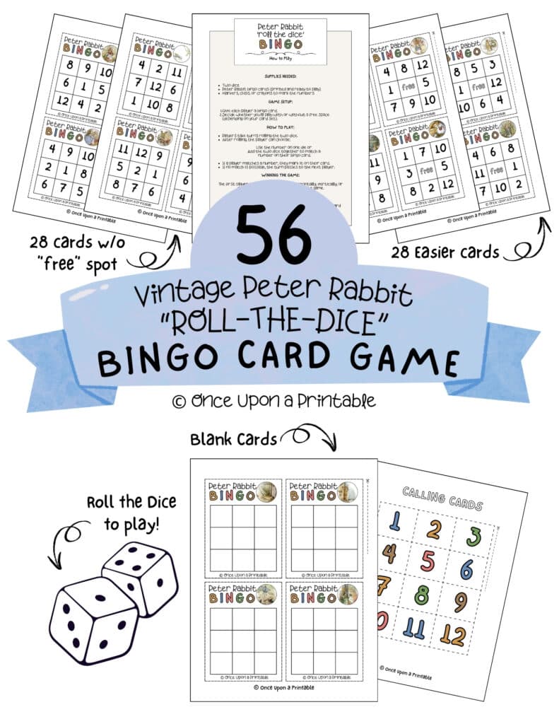 The cover page for Peter Rabbit roll the dice bingo game collection.