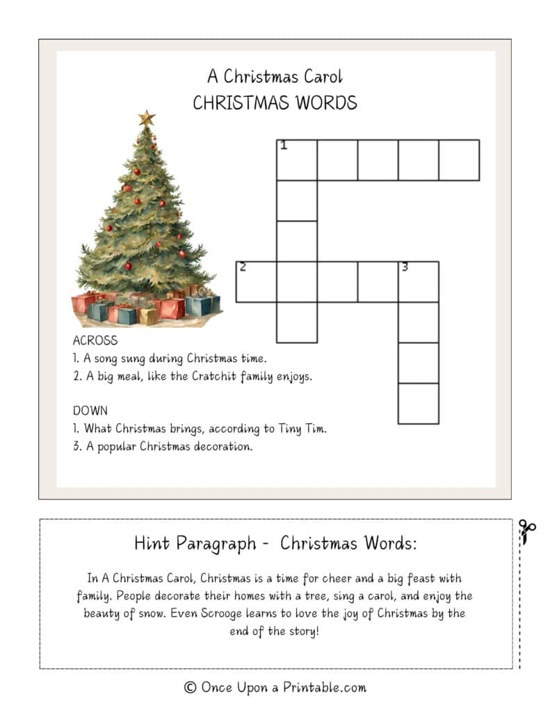 A Christmas story illustrated crossword puzzles, vocabulary word lists, and answer keys.