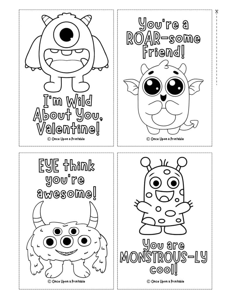 Valentine's day coloring cards with a monster theme.