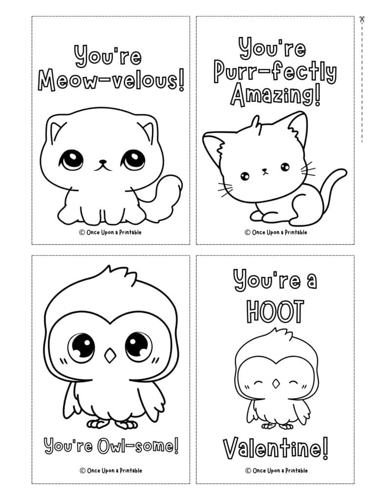 Valentine's day coloring cards with kittens and owls.