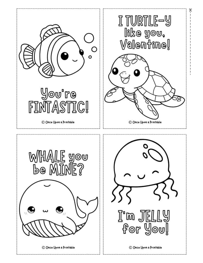 Valentine's day coloring cards with an underwater theme.