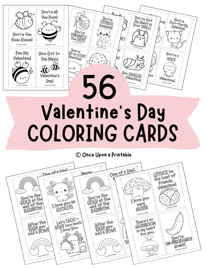 Valentine's day coloring cards with varying themes of cute graphics.