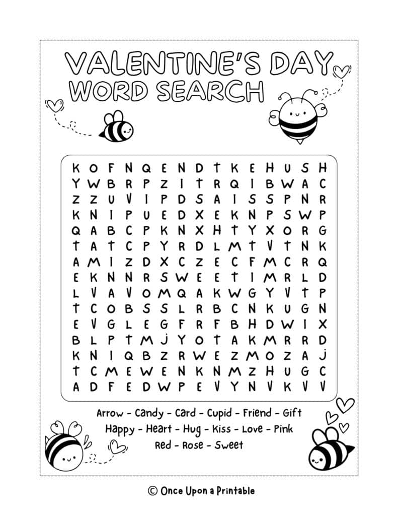Valentines' Day word search with bee graphics.