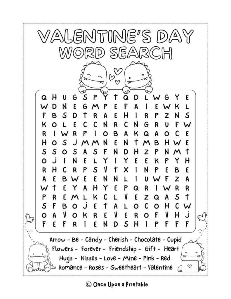 Valentines' Day word search with dinosaurs.