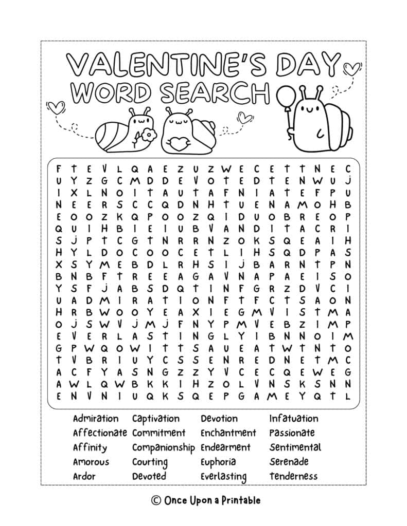 Valentines' Day word search with snail graphics.