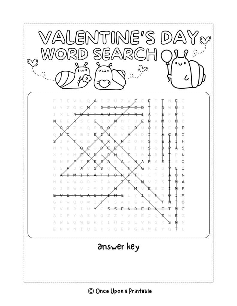 Valentines' Day word search with snail graphics.