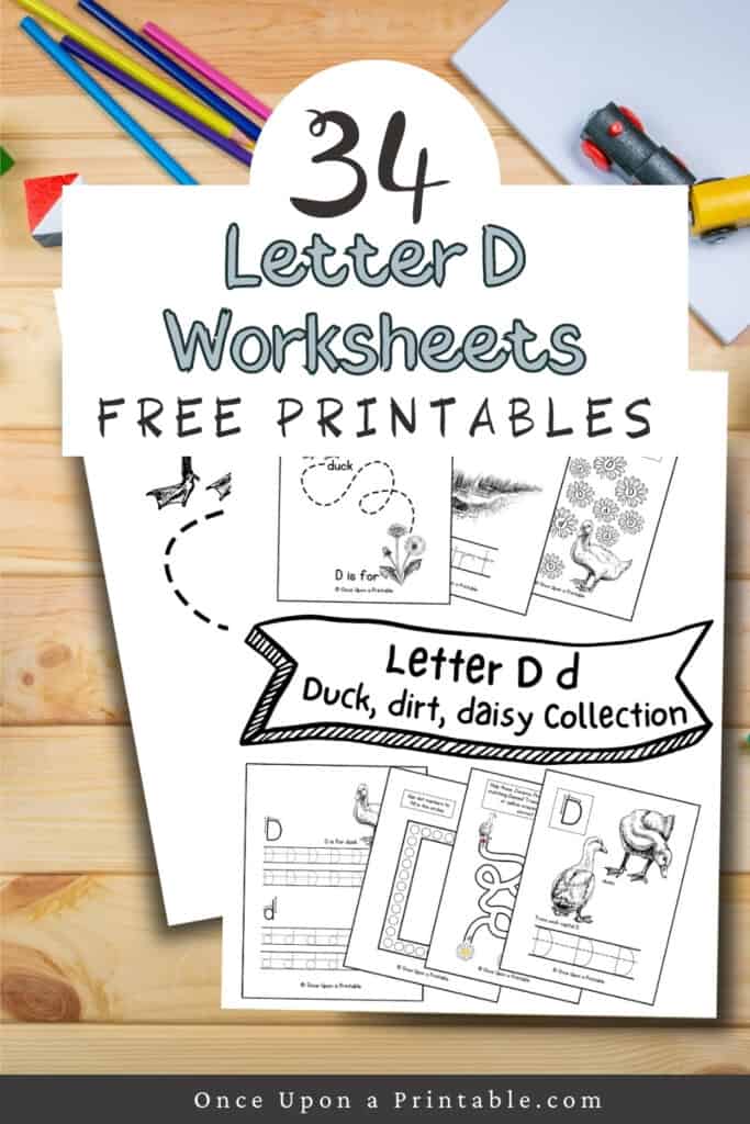 Letter D, Duck and daisy black and white graphic worksheets for little children laying on a wooden table.