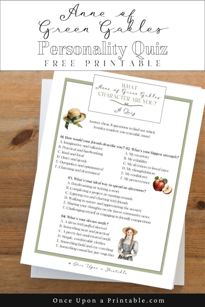 Anne of Green Gables personality quiz printable sitting on a wooden table with a coffee cup.