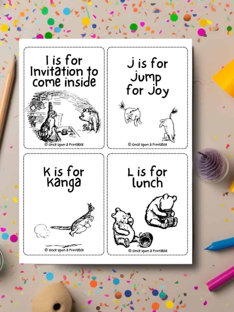 ABC flashcards coloring Winnie the Pooh laying on a splattered paint surface.
