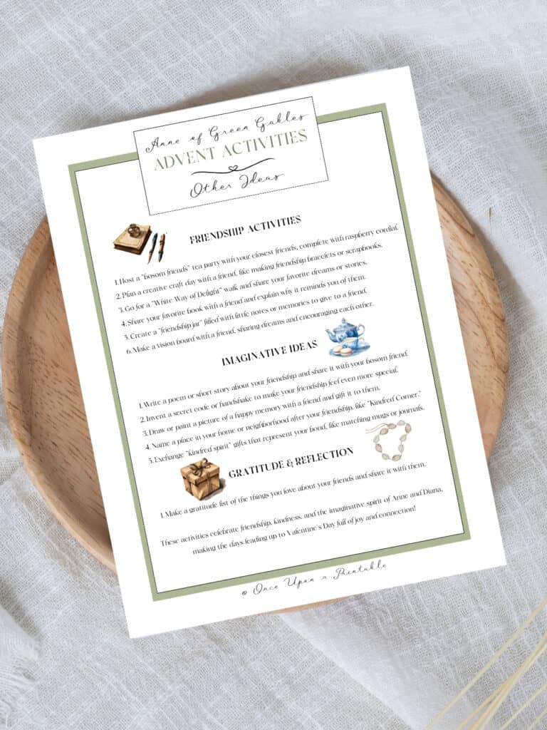 Anne of Green Gables valentine advent additional ideas to add on printable laying on a wooden lazy susan on a table with a creamy tablecloth.