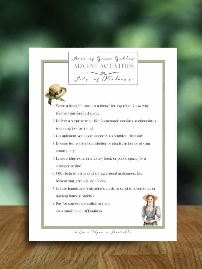 Anne of Green Gables advent activity, acts of kindness laying on a wooden table. 