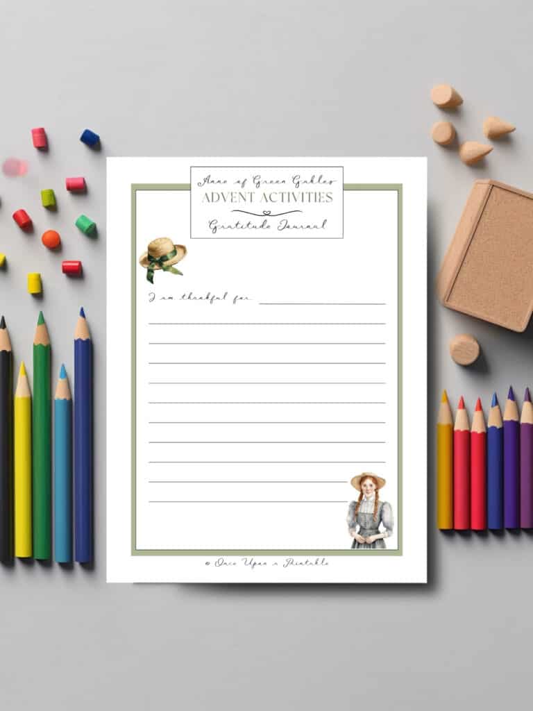 Anne of Green Gables gratitude journal page with coloring pencils and crayons.
