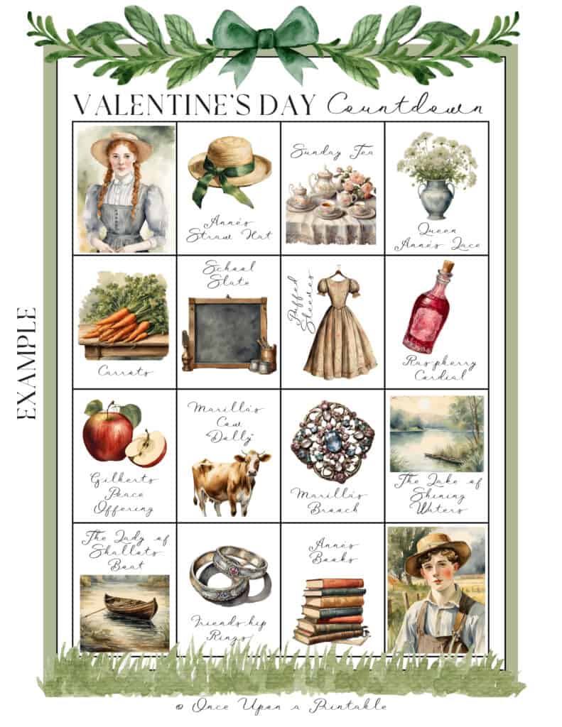 Valentine's day countdown calendar with game pieces inspired by anne of green gables.