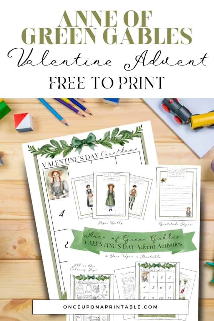 Anne of Green Gables Valentine's Day advent activities, laying on a wooden desk with coloring pencils.