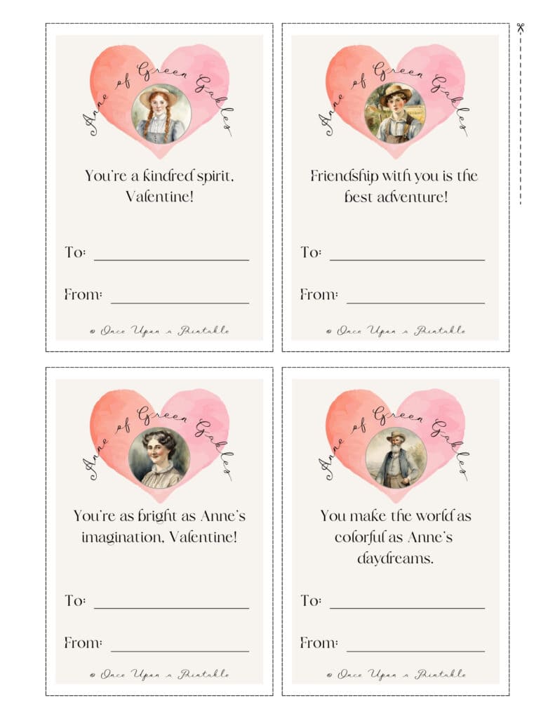 Anne of Green Gables valentine's day cards with pink hearts and watercolor graphics of different characters.