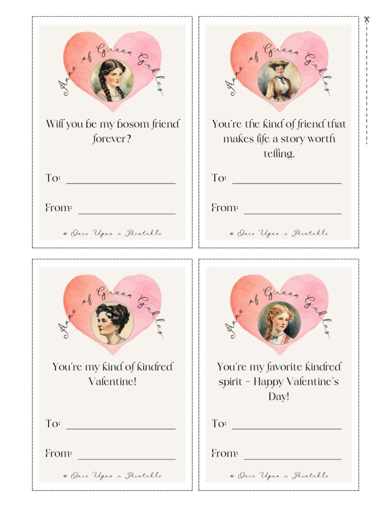 Anne of Green Gables valentine's day cards with pink hearts and watercolor graphics of different characters.