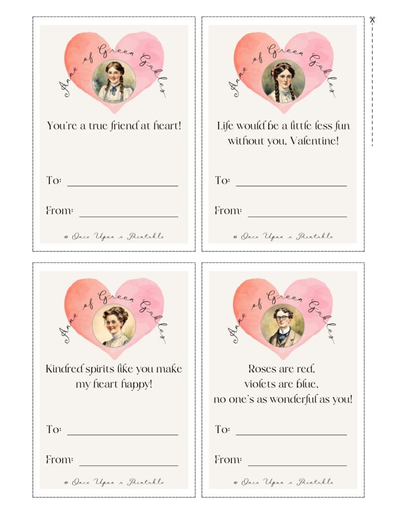Anne of Green Gables valentine's day cards with pink hearts and watercolor graphics of different characters.
