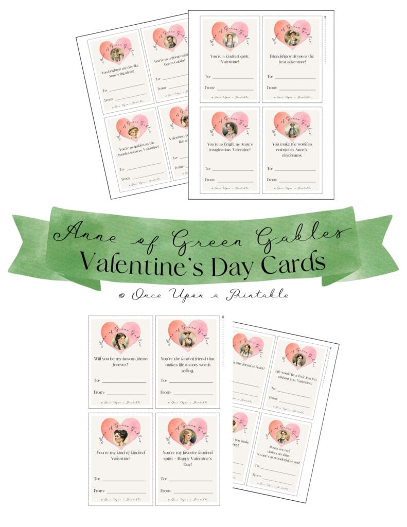 Anne of Green Gables valentine's day cards with pink hearts and watercolor graphics of different characters. 