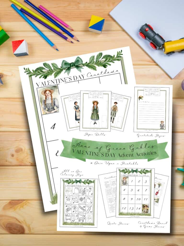 Anne of Green Gables Valentine's Day advent activities, laying on a wooden desk with coloring pencils.