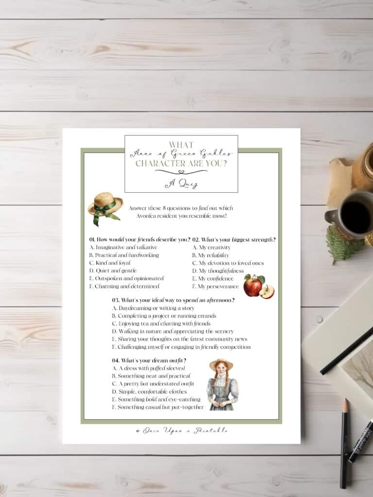 Anne of Green Gables personality quiz laying on a table. 