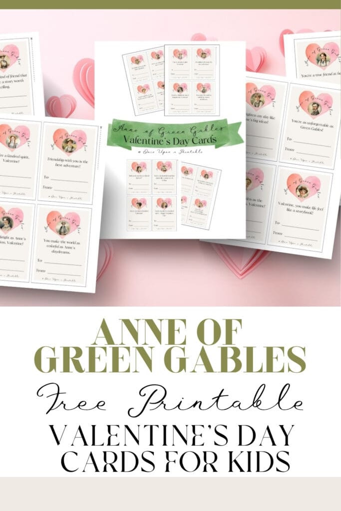 Anne of Green Gables valentine cards collection laying on a pink heart background.