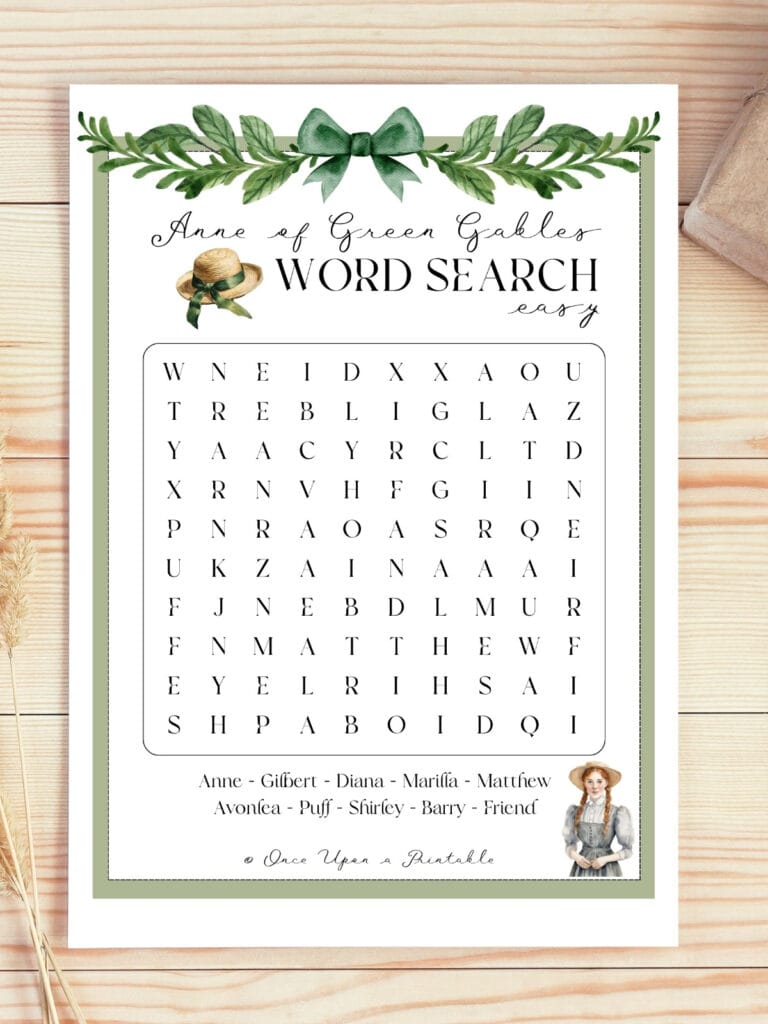 Anne Shirley crossword puzzle laying on a wooden table.