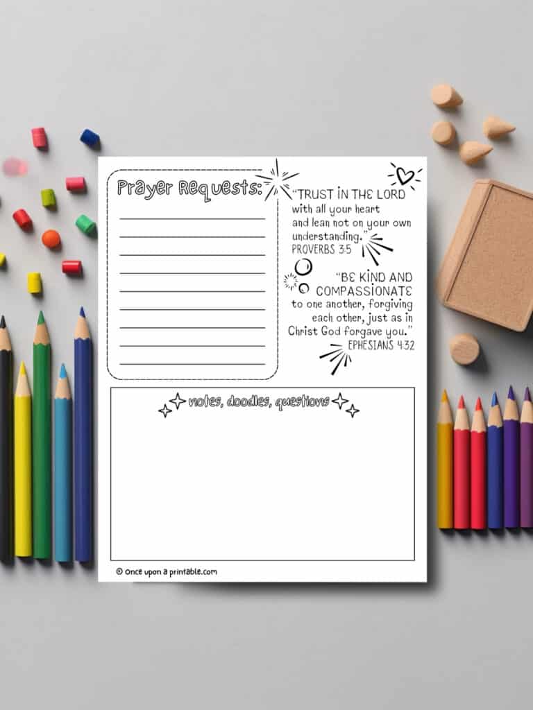 Fun sermon notes for kids printable back side with coloring pencils.