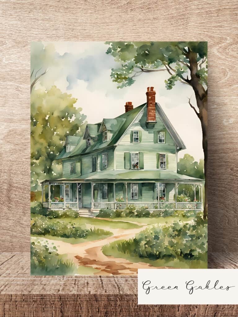 Green gables watercolor illustration laying on a wooden table.
