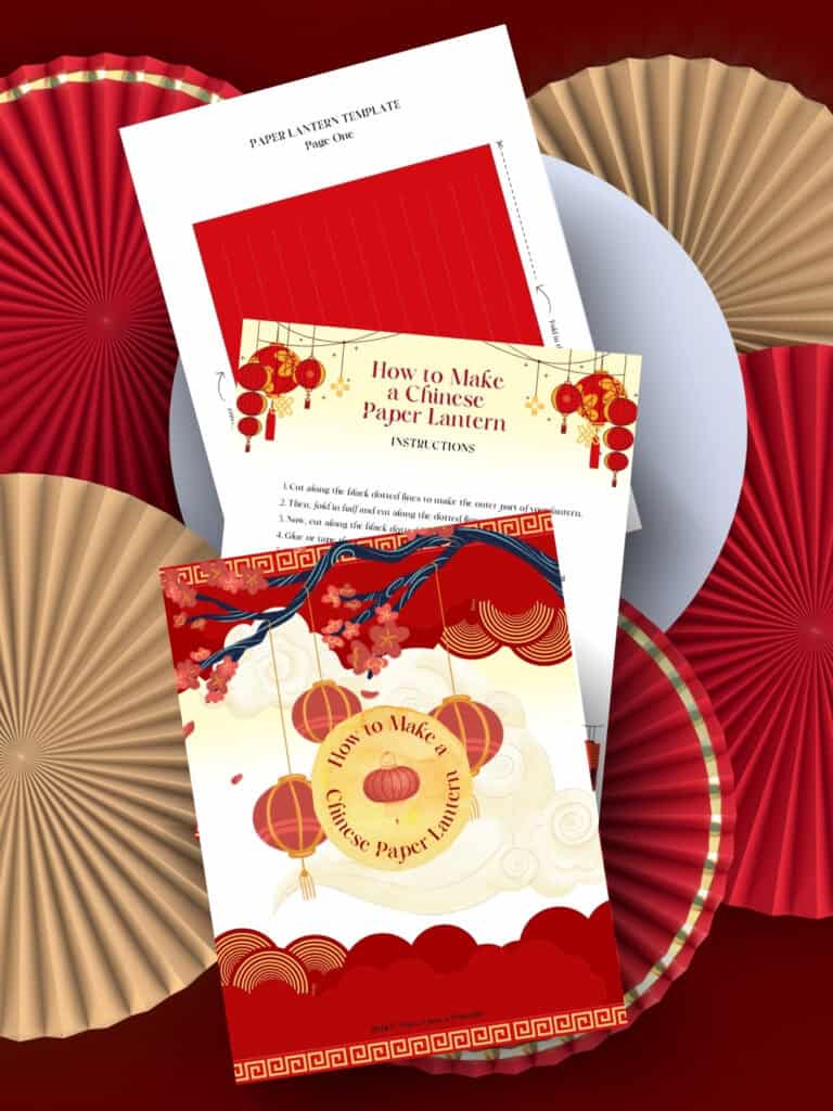 Chinese Lunar New Year paper lantern template and how to instructions, red and yellow decorative fans in the background.