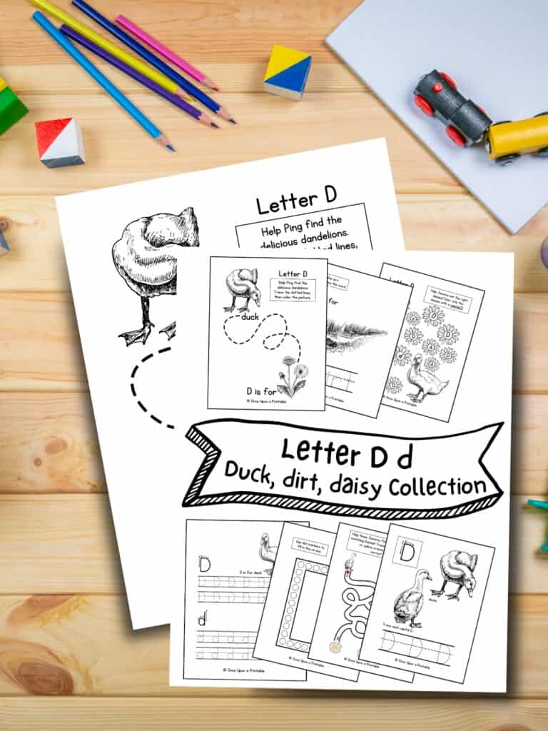 Letter D, Duck and daisy black and white graphic worksheets for little children laying on a wooden table.