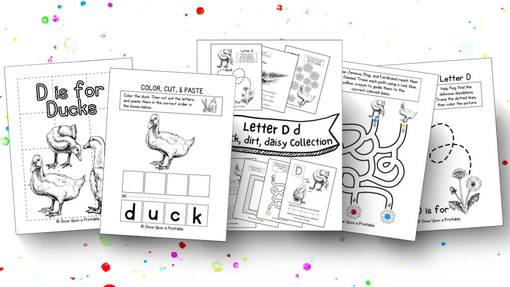 Letter D and lowercase d collection dirt, duck, daisies, and dandelion graphics.