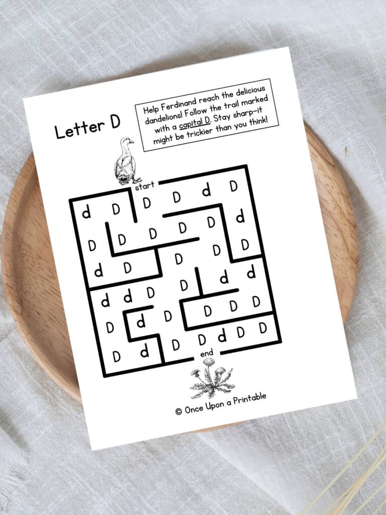 Letter D maze Duck and Dandelion worksheet.
